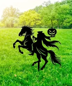 1pc Art Deco Metal Silhouette Garden Stake, Halloween Horseman with Pumpkin Head, Outdoor Lawn & Patio Decor, Floor Mount, No Electricity Needed, Perfect Housewarming Gift