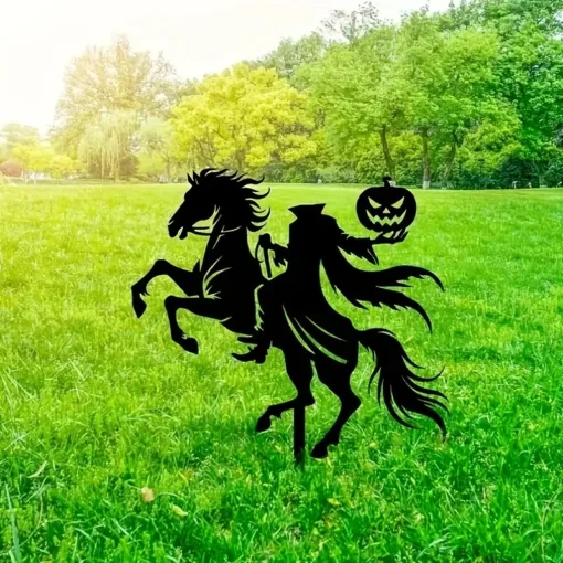 1pc Art Deco Metal Silhouette Garden Stake, Halloween Horseman with Pumpkin Head, Outdoor Lawn & Patio Decor, Floor Mount, No Electricity Needed, Perfect Housewarming Gift