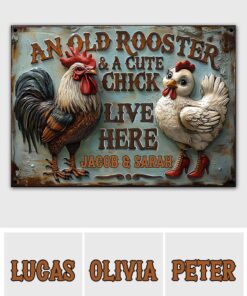 Personalized An Old Rooster & A Cute Chick Live Here Metal Sign Farmer Rectangle Wall Art