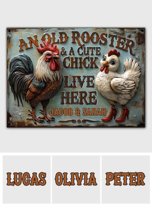 Personalized An Old Rooster & A Cute Chick Live Here Metal Sign Farmer Rectangle Wall Art