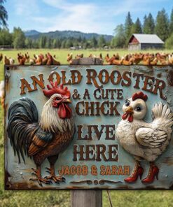 Personalized An Old Rooster & A Cute Chick Live Here Metal Sign Farmer Rectangle Wall Art