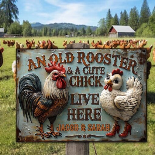 Personalized An Old Rooster & A Cute Chick Live Here Metal Sign Farmer Rectangle Wall Art