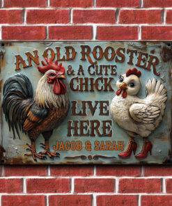 Personalized An Old Rooster & A Cute Chick Live Here Metal Sign Farmer Rectangle Wall Art