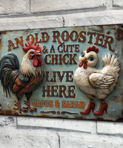 Personalized An Old Rooster & A Cute Chick Live Here Metal Sign Farmer Rectangle Wall Art