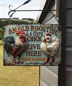 Personalized An Old Rooster & A Cute Chick Live Here Metal Sign Farmer Rectangle Wall Art