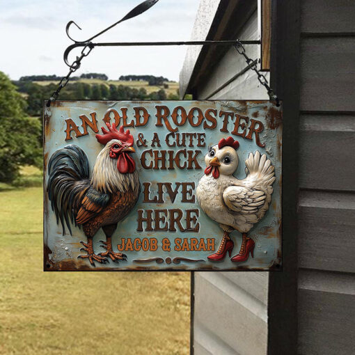 Personalized An Old Rooster & A Cute Chick Live Here Metal Sign Farmer Rectangle Wall Art