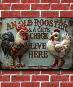 Personalized An Old Rooster & A Cute Chick Live Here Metal Sign Farmer Rectangle Wall Art