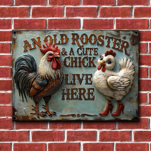 Personalized An Old Rooster & A Cute Chick Live Here Metal Sign Farmer Rectangle Wall Art