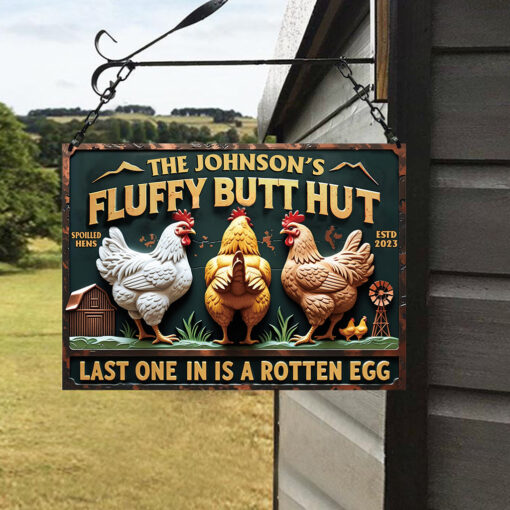 Personalized Chicken Rectangle Metal Sign Fluffy Butt Hut Last One In A Rotten Egg Chicken Wall Art