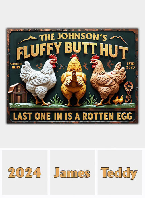 Personalized Chicken Rectangle Metal Sign Fluffy Butt Hut Last One In A Rotten Egg Chicken Wall Art