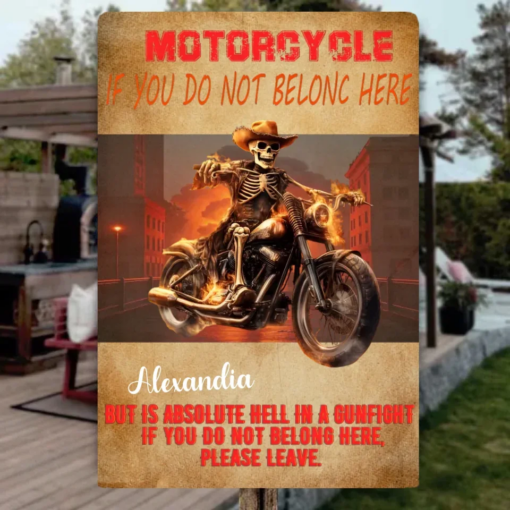 Skeleton Motorcycle Personalized Metal Sign But This Is Hell If You Don't Belong Here, Please Leave