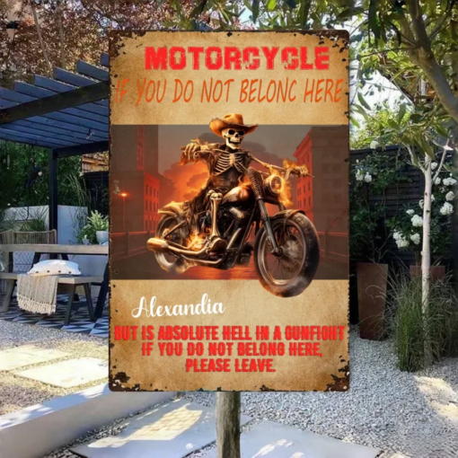 Skeleton Motorcycle Personalized Metal Sign But This Is Hell If You Don't Belong Here, Please Leave