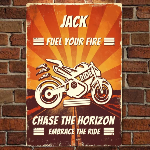 Fuel Your Fire Chase The Horizon Personalized Wall Art Motorcycle Premium Quality Rustic Metal Sign