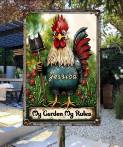 My Garden My Rules Personalized Gardening Rectangle Metal Sign Gift For Famer, Chicken Lover