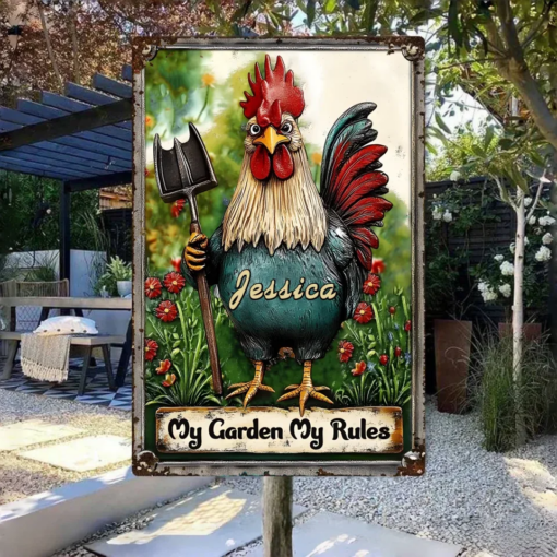 My Garden My Rules Personalized Gardening Rectangle Metal Sign Gift For Famer, Chicken Lover