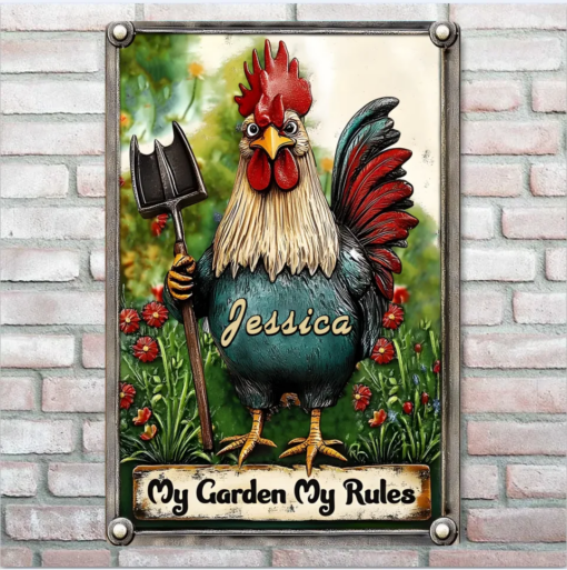 My Garden My Rules Personalized Gardening Rectangle Metal Sign Gift For Famer, Chicken Lover