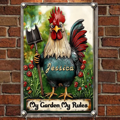 My Garden My Rules Personalized Gardening Rectangle Metal Sign Gift For Famer, Chicken Lover