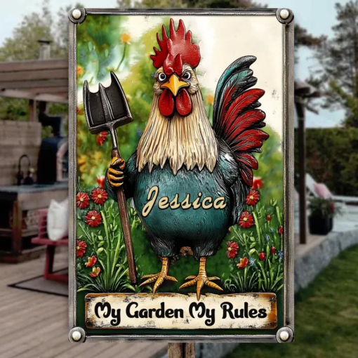 My Garden My Rules Personalized Gardening Rectangle Metal Sign Gift For Famer, Chicken Lover