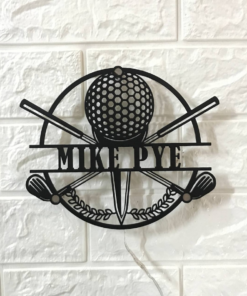 Custom Crossed Golf Clubs Metal Wall Art LED Light - Personalized Golfing Sign Home Decor - Golfer Metal LED Lights - Golf Ball Metal Signs