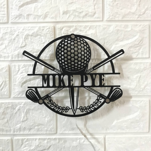 Custom Crossed Golf Clubs Metal Wall Art LED Light - Personalized Golfing Sign Home Decor - Golfer Metal LED Lights - Golf Ball Metal Signs