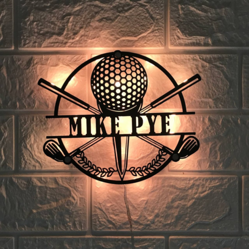 Custom Crossed Golf Clubs Metal Wall Art LED Light - Personalized Golfing Sign Home Decor - Golfer Metal LED Lights - Golf Ball Metal Signs