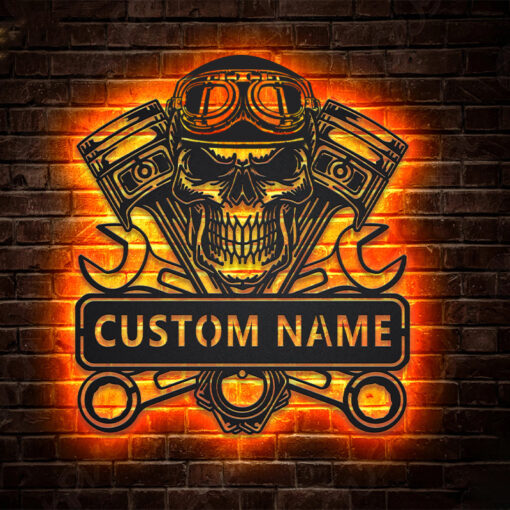 Custom Motorcycle Skull Garage Metal Wall Art LED Light Motorbike Creative Iron Sheet