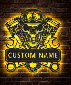 Custom Motorcycle Skull Garage Metal Wall Art LED Light Motorbike Creative Iron Sheet