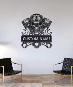 Custom Motorcycle Skull Garage Metal Wall Art LED Light Motorbike Creative Iron Sheet