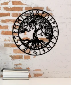 Tree of Life Metal Wall Art with Viking Runes, Vegvisir Nordic Wall Hanging Decor, Transverse Orientation, Electricity-Free, Featherless, Large Metal Wall Pediment for Home, Ideal for Thanksgiving & Christmas Gifts