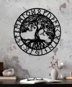 Tree of Life Metal Wall Art with Viking Runes, Vegvisir Nordic Wall Hanging Decor, Transverse Orientation, Electricity-Free, Featherless, Large Metal Wall Pediment for Home, Ideal for Thanksgiving & Christmas Gifts