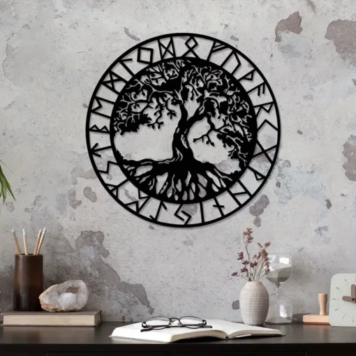 Tree of Life Metal Wall Art with Viking Runes, Vegvisir Nordic Wall Hanging Decor, Transverse Orientation, Electricity-Free, Featherless, Large Metal Wall Pediment for Home, Ideal for Thanksgiving & Christmas Gifts