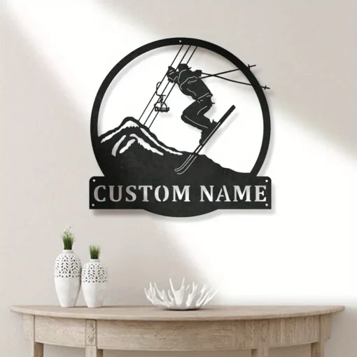 Custom Metal Wall Art Personalized Skier & Mountain Sign for Home Decor, Perfect for Easter/New Year Gifts