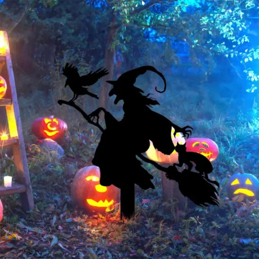 Witch on Broomstick Metal Garden Stake Halloween & Fall Decor with Cat and Crow, Outdoor Home Accent Fall Themed