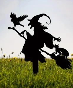 Witch on Broomstick Metal Garden Stake Halloween & Fall Decor with Cat and Crow, Outdoor Home Accent Fall Themed