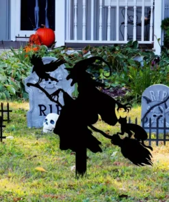 Witch on Broomstick Metal Garden Stake Halloween & Fall Decor with Cat and Crow, Outdoor Home Accent Fall Themed