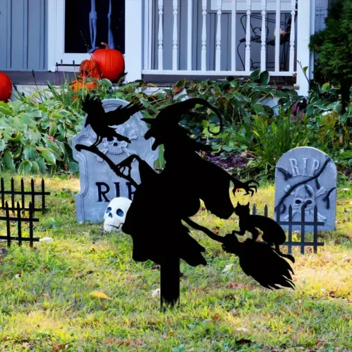 Witch on Broomstick Metal Garden Stake Halloween & Fall Decor with Cat and Crow, Outdoor Home Accent Fall Themed