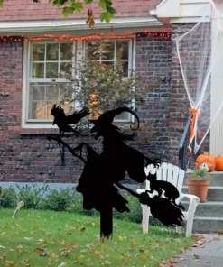 Witch on Broomstick Metal Garden Stake Halloween & Fall Decor with Cat and Crow, Outdoor Home Accent Fall Themed