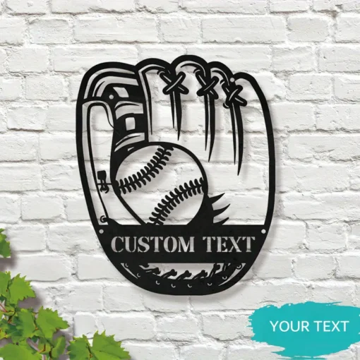 Customizable Baseball Glove & Ball Metal Wall Art, Contemporary Style, Multipurpose Indoor/Outdoor Wall Hanging Decor, with Personalized Text, for Home, Office, Garden