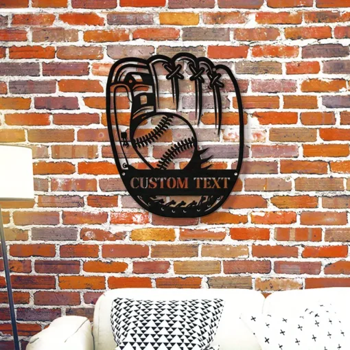 Customizable Baseball Glove & Ball Metal Wall Art, Contemporary Style, Multipurpose Indoor/Outdoor Wall Hanging Decor, with Personalized Text, for Home, Office, Garden