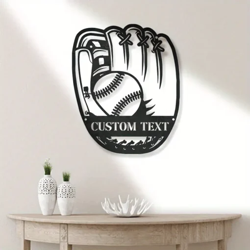 Customizable Baseball Glove & Ball Metal Wall Art, Contemporary Style, Multipurpose Indoor/Outdoor Wall Hanging Decor, with Personalized Text, for Home, Office, Garden