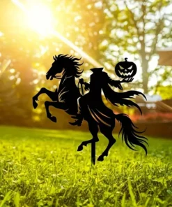 1pc Art Deco Metal Silhouette Garden Stake, Halloween Horseman with Pumpkin Head, Outdoor Lawn & Patio Decor, Floor Mount, No Electricity Needed, Perfect Housewarming Gift