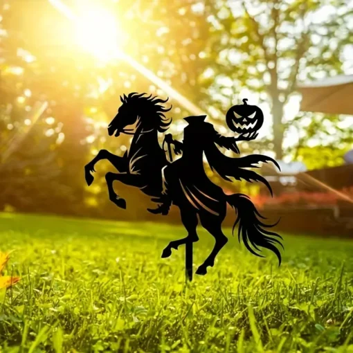 1pc Art Deco Metal Silhouette Garden Stake, Halloween Horseman with Pumpkin Head, Outdoor Lawn & Patio Decor, Floor Mount, No Electricity Needed, Perfect Housewarming Gift