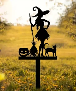 Halloween Metal Garden Stake Fall Pumpkin, Witch With Cat and Broom Design Durable Cast Iron Outdoor Decor for Lawn and Yard