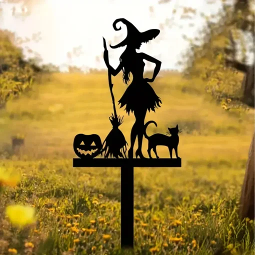 Halloween Metal Garden Stake Fall Pumpkin, Witch With Cat and Broom Design Durable Cast Iron Outdoor Decor for Lawn and Yard