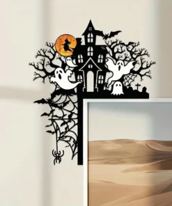 1PC Halloween Haunted Mansion Iron Door Topper with Ghosts, Spooky Silhouette Metal Sign for Home Decor, Festive Halloween Gift