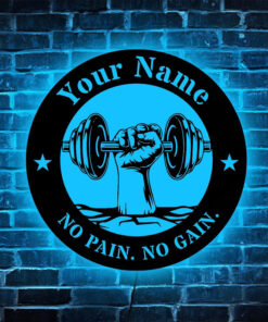 Custom Name Gym Dumbbell Metal Sign With Lights