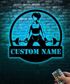 Custom Girl Powerlifting Workout Female Bodybuilder Sign with Led Light