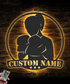 Custom Girl Boxing Metal Wall Art with LED Light Woman Boxer Gift