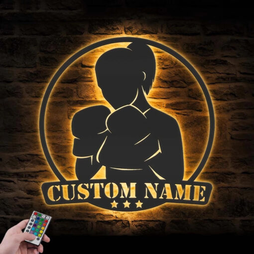 Custom Girl Boxing Metal Wall Art with LED Light Woman Boxer Gift