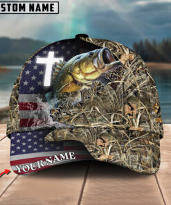 Personalized Large Mouth Bass Fishing Grass Camo And US Flag Pattern Premium Classic 3D Cap